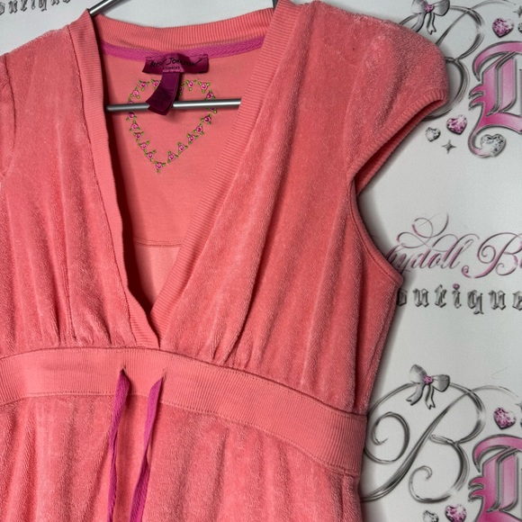 Betsy Johnson dress terry cloth towel sexy v neck tie up bust peach coral pink - Picture 3 of 8